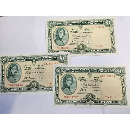 292 - Three 1970 £1 notes two of which are consecutive. Serial number 02J835795/6, 01J182035.
The Central ... 