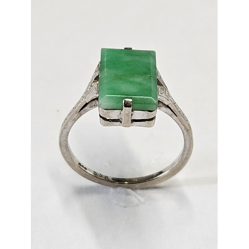 316 - A 9ct White Gold Art Deco and Jade set Ring, size L.