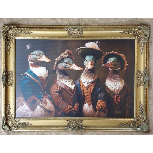 127 - A Fun coloured print of Ducks in Victorian era clothing in a really good gilt frame.
H 66 x 92 cm ap... 