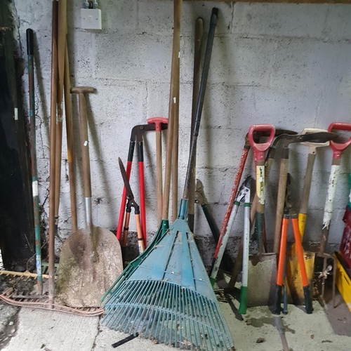 1442 - A large group of Garden Tools, Gerry Cans, sprayer and Welding masks ect.