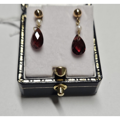 346 - A pair of 9ct Gold, Garnet and Pearl drop Earrings.