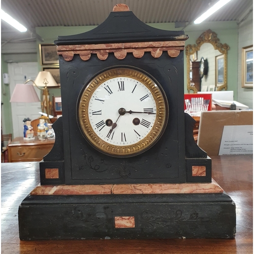 692 - A 19th Century Black slate mantel Clock inlaid with Rouge Marble. 28 x 14 x H 31 cm approx.