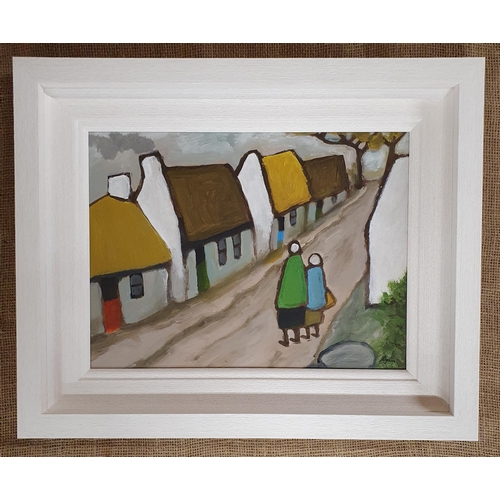 714 - James Ryan. (Irish). Oil on Board 'Village Stroll' frame size 55 x 45 cm approx.