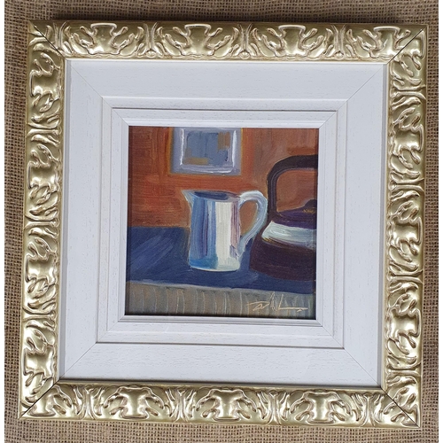 724 - Declan Marry (Irish). Oil on Canvas still life 'Jug and Kettle'. Signed LR. 19 x 20 cm approx.