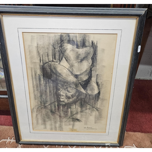 1012 - A E Hance. A Charcoal Drawing of a Man with a large hat along with an abstract acrylic on paper of a... 