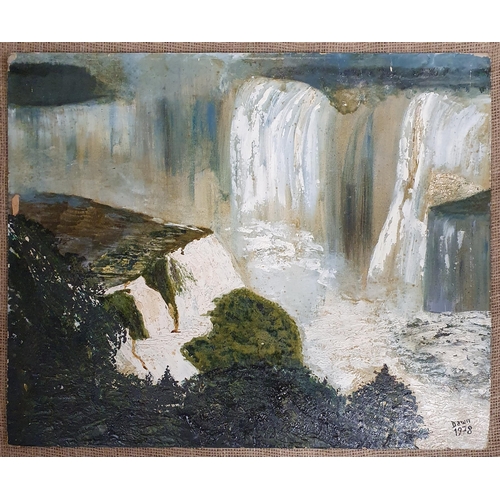 1212 - A 20th Century Oil on Board, possibly the Niagara Falls signed Dawn LR unframed. 46 x 56 cm approx.