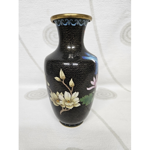 156 - A good Jingfa Cloisonne Black ground Vase depiction flowers and Birds.