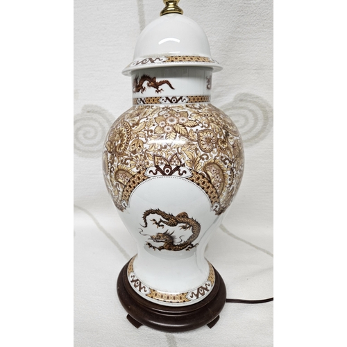 161 - A good and tall Ivory ground Oriental bulbous Table Lamp depicting Dragons.