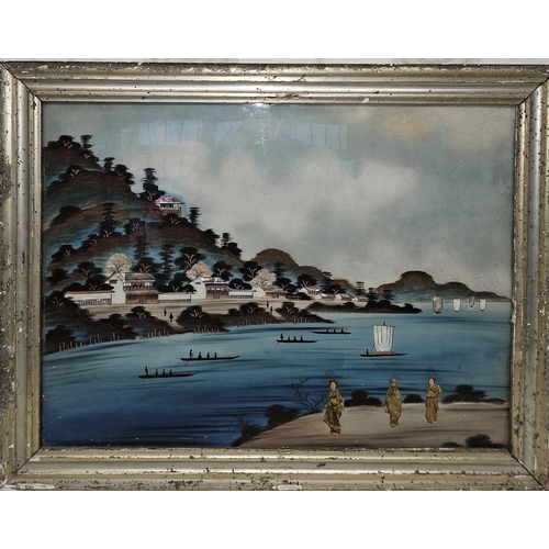 699 - A 19th Century Oriental Mixed Media and Oil reverse painted on glass of a lake scene with Women to t... 