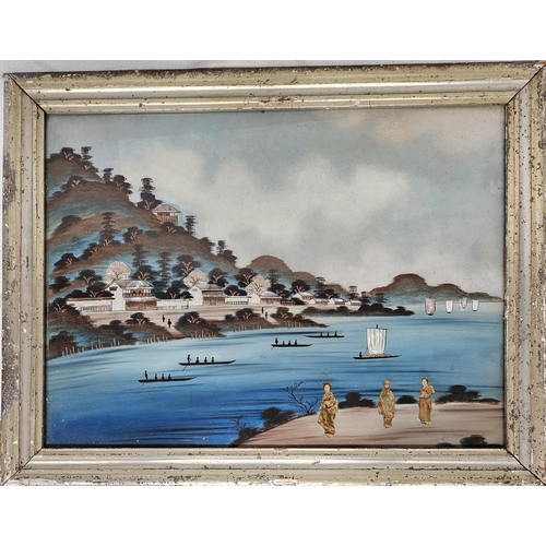 699 - A 19th Century Oriental Mixed Media and Oil reverse painted on glass of a lake scene with Women to t... 