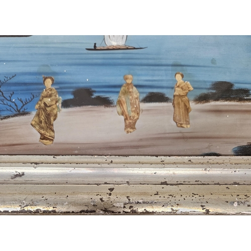 699 - A 19th Century Oriental Mixed Media and Oil reverse painted on glass of a lake scene with Women to t... 