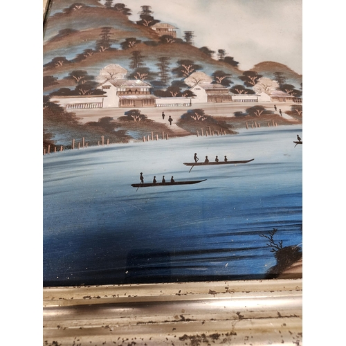 699 - A 19th Century Oriental Mixed Media and Oil reverse painted on glass of a lake scene with Women to t... 