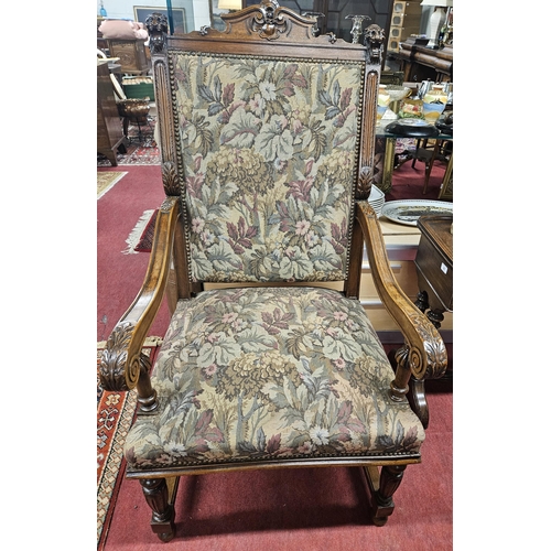 57 - A Fabulous 19th Century Walnut Hall Chair with lions head supports and tapestry style upholstery wit... 