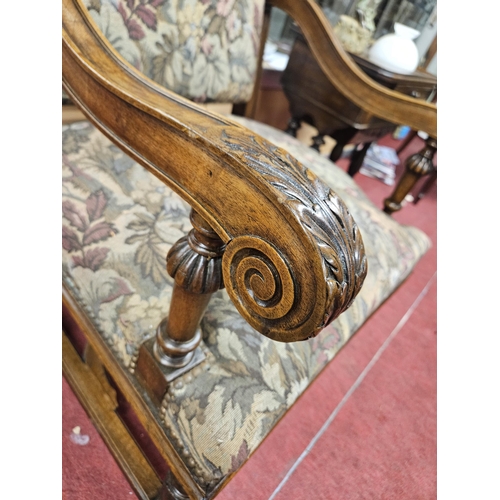 57 - A Fabulous 19th Century Walnut Hall Chair with lions head supports and tapestry style upholstery wit... 