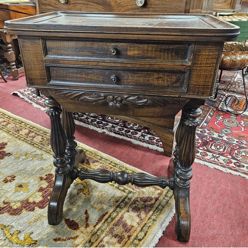 65 - A unusual 19th Century Walnut and grained twin drawer work Table with stretcher base.
65 x 36 x 59 c... 