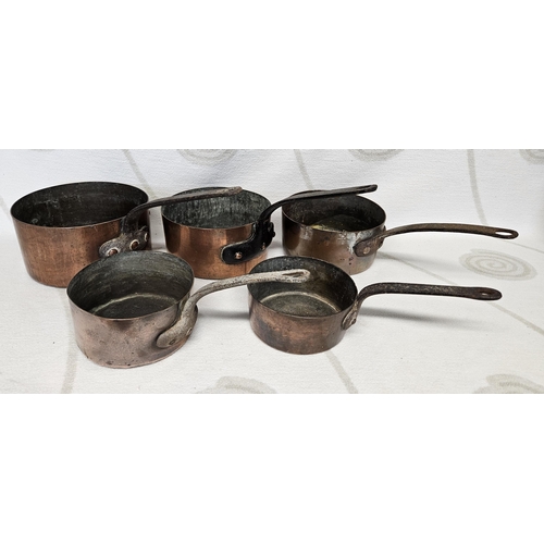 67 - A good set of graduated 19th Century Copper Saucepans with cast Iron handles. LB D 21 cm approx.