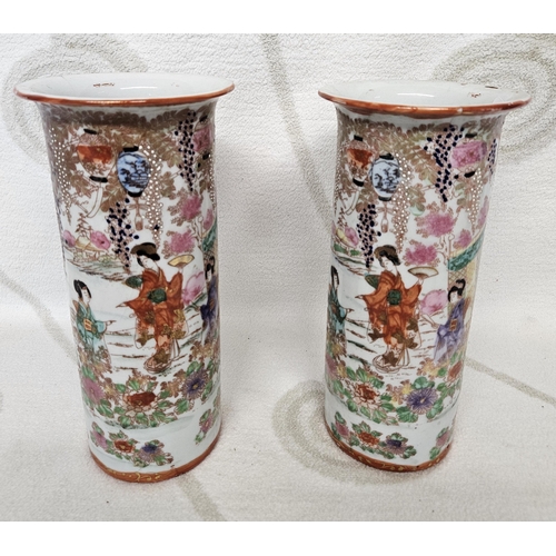 68 - A good pair of 19th Century Oriental cylinder Vases with hand painted detail depicting Geisha girls ... 