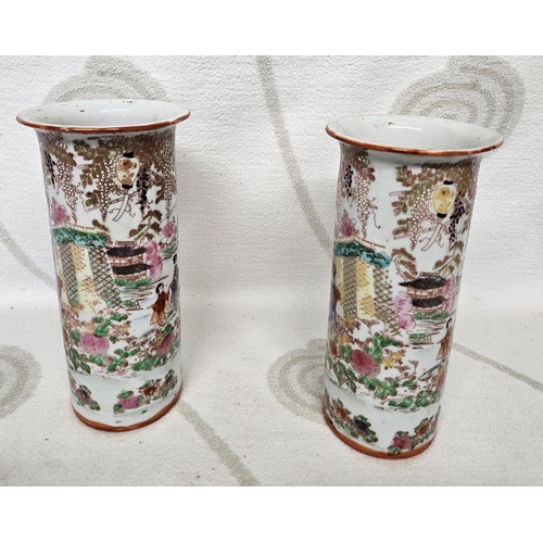 68 - A good pair of 19th Century Oriental cylinder Vases with hand painted detail depicting Geisha girls ... 