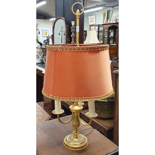 695 - A lovely Ormolu three branch Desk Light with salmon shade. HD 26 x H 60 cm approx.