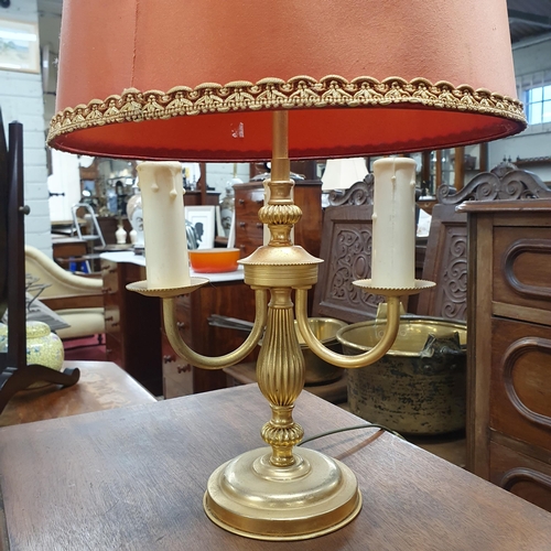 695 - A lovely Ormolu three branch Desk Light with salmon shade. HD 26 x H 60 cm approx.