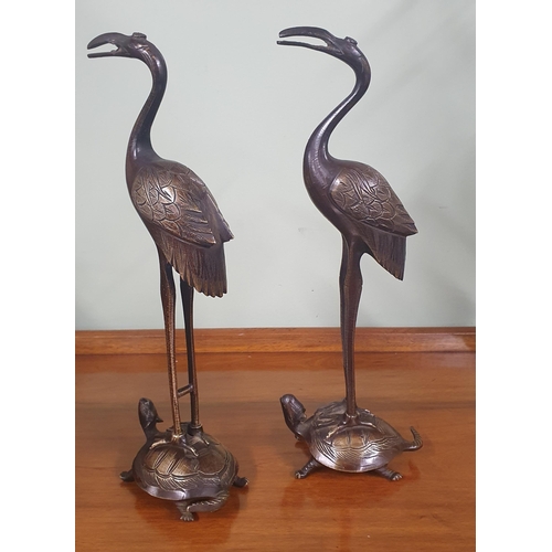 190 - A beautiful pair of Bronze Cranes standing on a Tortoise. 28cm tall approx.