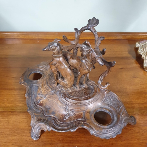 151 - A 19th Century Bronzed Metal Inkwell with two Greyhounds to the middle possibly Irish.