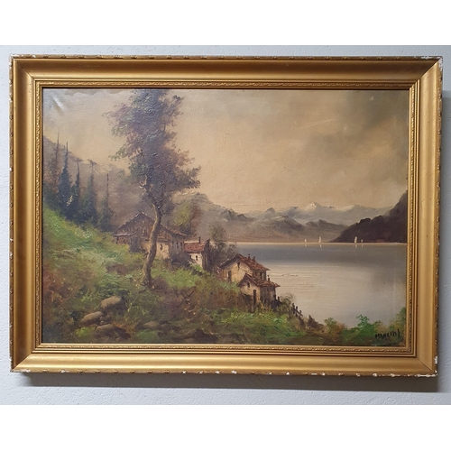 114 - A 19th Century Oil on Canvas of an Alpine Lake scene. Signed LR. H 48 x 68 cm approx.