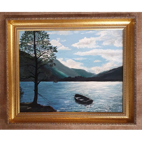 734 - A 20th Century Oil on Board of a boat on a calm lake scene. Signed indistinctly LL. Possibly Irish.
... 