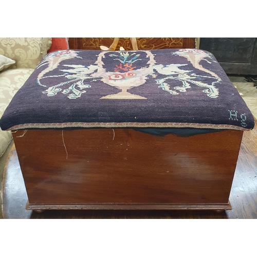 876 - A 19th Century Mahogany Stool/Sewing Box with tapestry style top. 38 x 52 x H 30 cm approx.