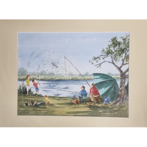 48 - A 20th Century watercolour Caricature of a fishing scene. Signed K. Laurence LL., unframed.
28 x 36 ... 