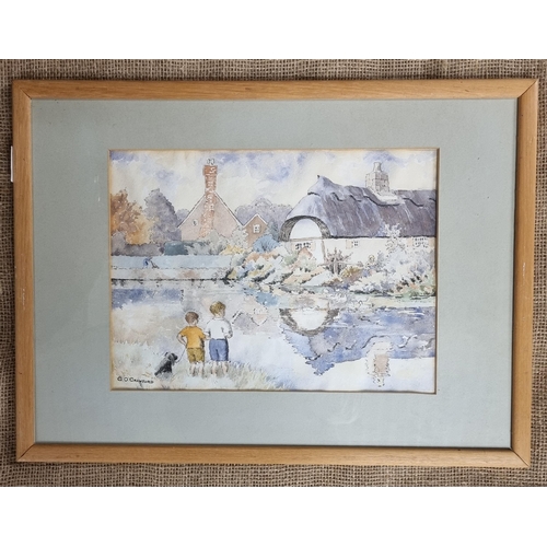 63 - G Crawford. A 20th Century Watercolour of two boys and a dog looking over a pond. Signed LL.
24 x 32... 