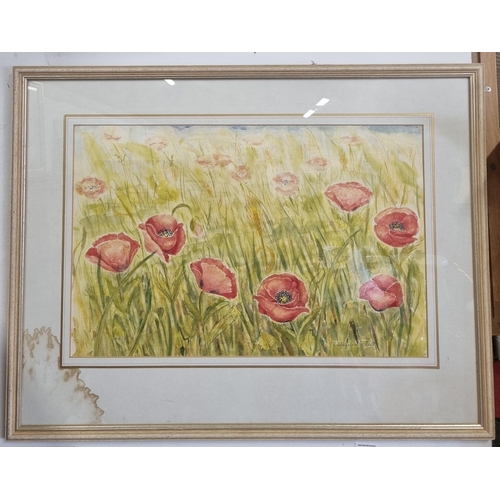 73 - A 20th Century Watercolour of Poppies in a field, signed Hildegarde Fleet lower right. 36 x 56 cm ap... 