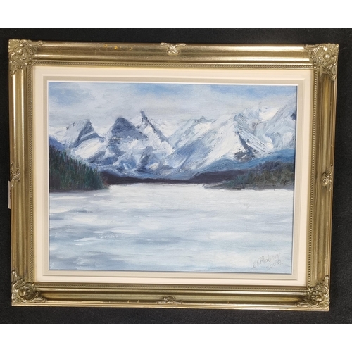 81 - An Oil On Board of a snowy scene with frozen lake. Signed Moloney lower right. 24 x 31 cm approx.