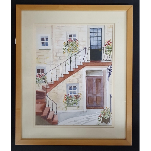 88 - Antonia Scanlan. A good Watercolour of a garden flat. H 40 x W 30 cm approx.