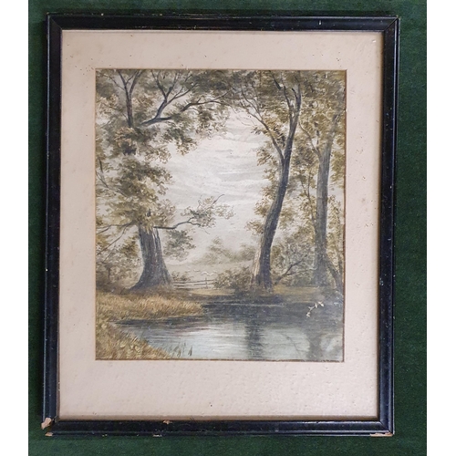 90 - A 19th Century Watercolour of a lake scene with sheep in the distance. No apparent signature. 25 x 2... 