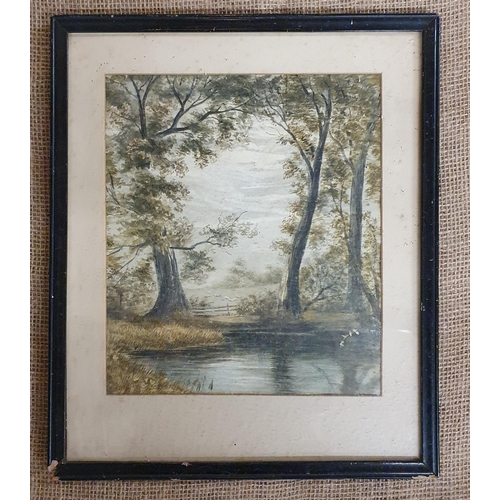 90 - A 19th Century Watercolour of a lake scene with sheep in the distance. No apparent signature. 25 x 2... 