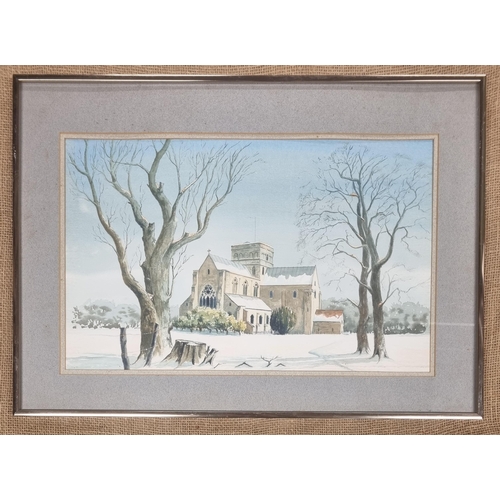 120 - A good 20th Century Watercolour of a snowy church scene, no apparent signature.
H 33 x W 63 cm appro... 