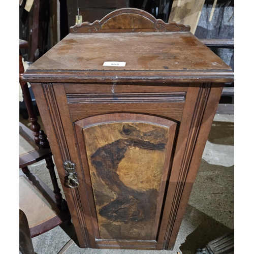 568 - An early 20th Century Walnut single door side Cabinet. Held in Old Workshop.