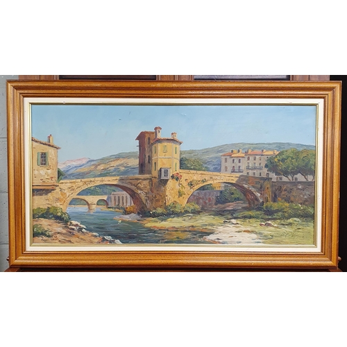 396 - A large Oil on Canvas of a a bridge with village in the distance. Signed indistinctly LL.
48 x 99 cm... 