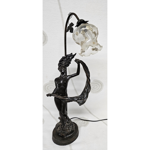 560 - A good Art Nouveau style table Lamp and shade with a free flowing look. H 69 cm approx.