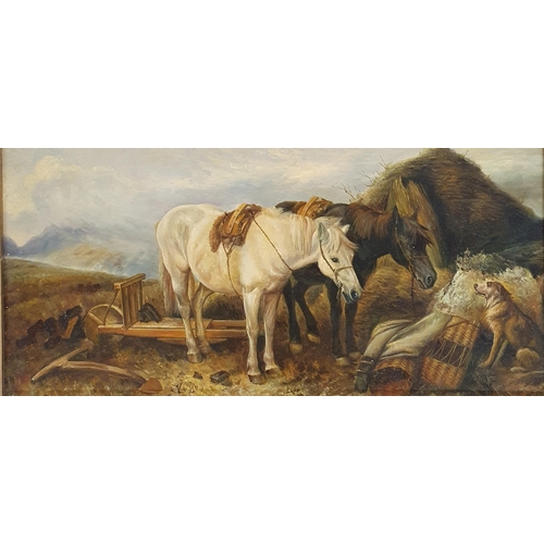 59 - In the manner of Robert Cleminson an Oil on Board Scottish Highland scene of two Ponies with gun dog... 