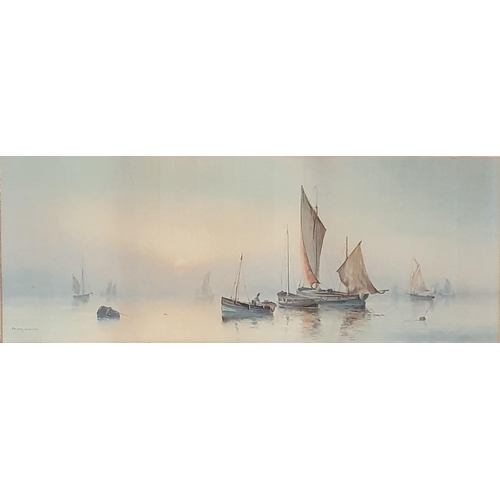 98 - After Garman Morris. A late 19th early 20th Century coloured Print of sailing boats in an estuary sc... 