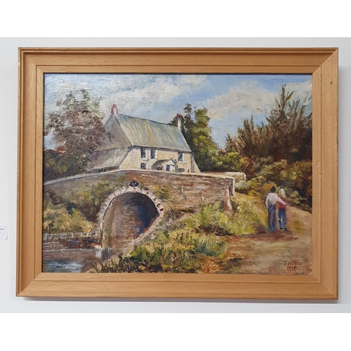 428 - Josephine Atkin. A 20th Century Oil on Board of a young couple walking over a bridge. Signed LR.
39 ... 