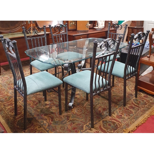 542 - Modern wrought Metal and glass top seven-piece dining Suite, comprising table with scroll and ball f... 