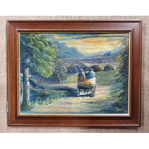 119 - A 20th Century Oil On Board of people in a cart going down a pathway at sunset, signed Josephine Atk... 