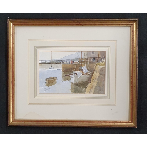 133 - A 20th Century Watercolour of moored boats in a harbour setting, signed Watkins LL. 20 x 15 cm appro... 