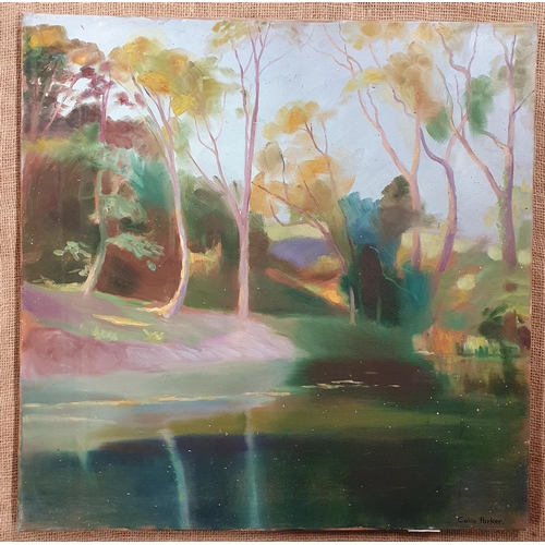 186 - Colin Parker. A 20th Century Oil On Canvas abstract river scene , signed LR. 60 x 60 cm approx.