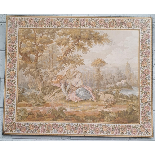 195 - A French Aubusson style machine-made landscape panel with romantic couple and a floral border, 113 x... 