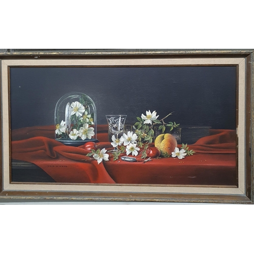 638 - A 20th Century Oil on Canvas still life of flowers and fruit on a table setting. Signed Ken Dyer LL.... 