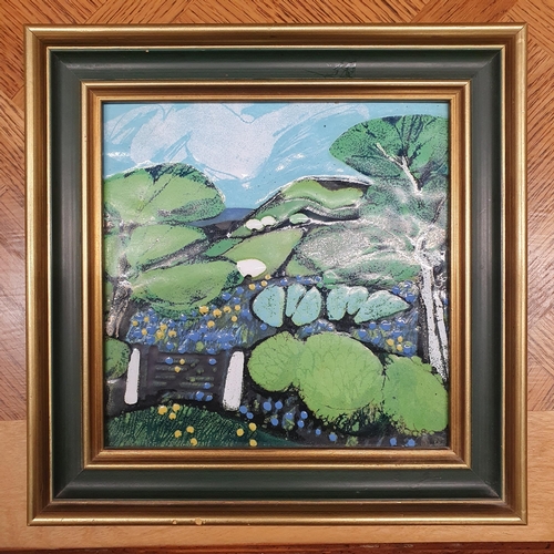 120 - An enamel panel of a country scene, no apparent signature. 19 x 19 cm approx.